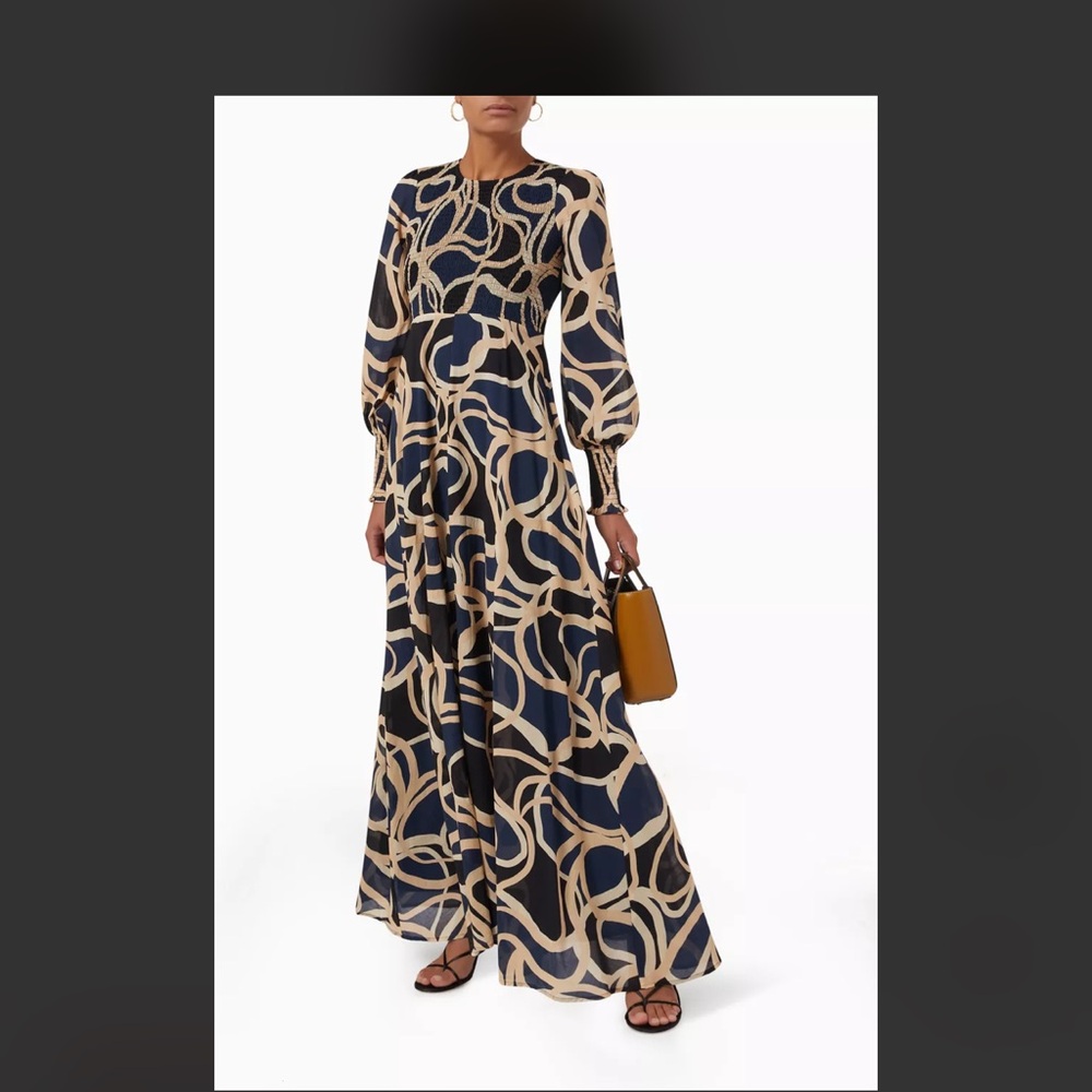 Elegant Navy Beige Pattern bird & knoll sunset maxi cotton dress fit xs/small